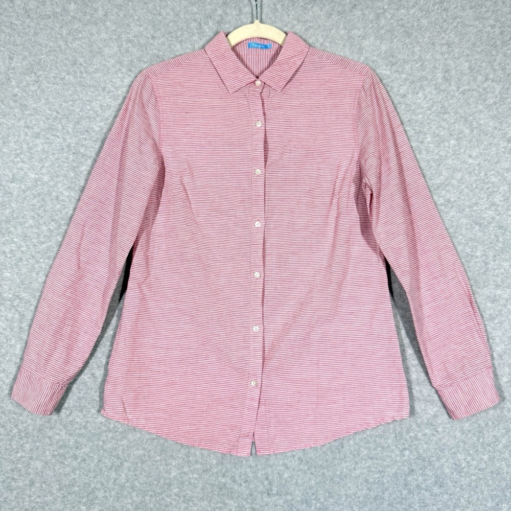 J Mclaughlin Top Women Small Pink Striped Linen Blend Button Front Shirt Coastal